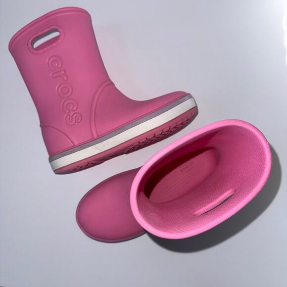 CROCS Pink Rain Boots Kids J 1 play condition dmg - Picture 5 of 12